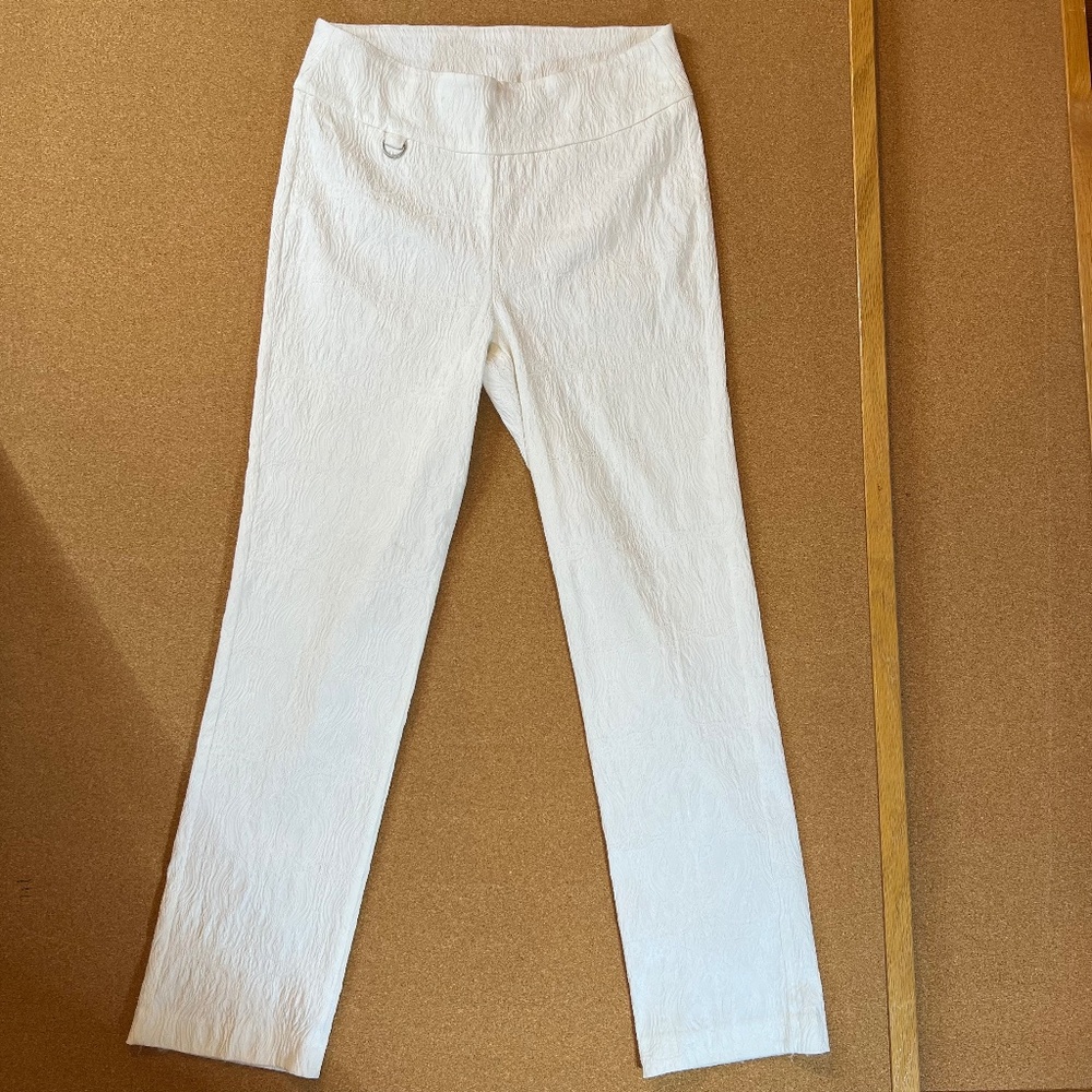 White Straight-Leg Trousers with Lace Patterned Stitching - Lula B Size 12